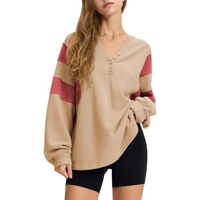 EXLURA Women's Oversized V Neck Henley Shirt Patchwork Color Block Sweatshirt Long Sleeve Button Pullover Tunic Tops