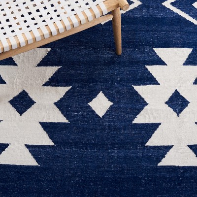 Ivory and Navy Geometric Handwoven Kilim Area Rug