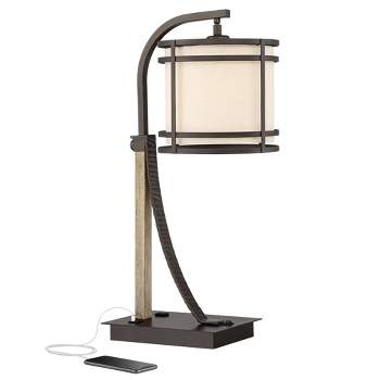 Franklin Iron Works Gentry Industrial Desk Lamp 22" High Oil Rubbed Bronze Faux Wood Cage with USB and AC Power Outlet in Base Oatmeal Shade for Desk