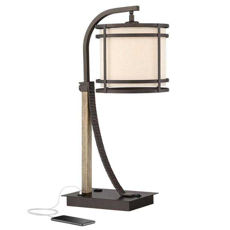 Franklin Iron Works Gentry Industrial Desk Lamp 22" High Oil Rubbed Bronze Faux Wood Cage with USB and AC Power Outlet in Base Oatmeal Shade for Desk, 1 of 10