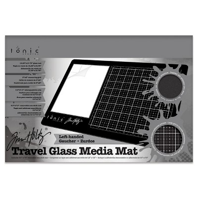 Tim Holtz Travel Glass Cutting Mat - Left Handed Portable Work Surface with 8x8 Measuring Grid and Palette for Mixed Media - Art Supplies with Carry