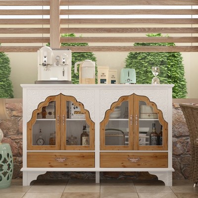 Famapy White Accent Cabinet Carved Floral European Style Magnetic Glass Door