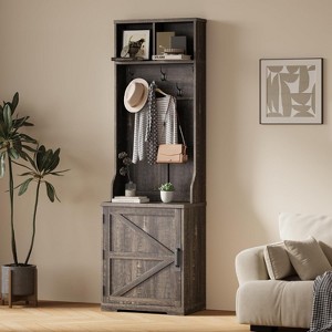 3-in-1 Rustic Farmhouse Entryway Organizer with Bench - 6 Hooks, Storage Cabinet, Anti-Tip Design, Easy Assembly for Small Spaces - 1 of 4