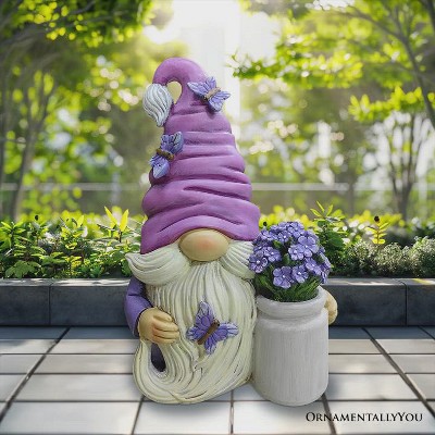 Lavender and White Resin Garden Gnome Statue with Flowers
