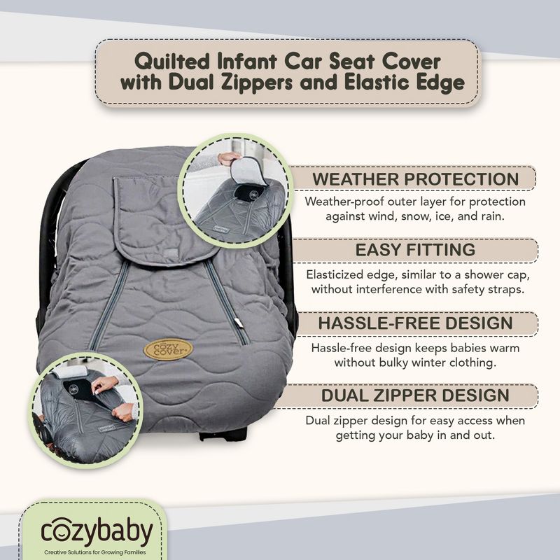 CozyBaby Cozy Cover Quilted Infant Car Seat Insulating Cover with Dual Zippers, Face Shield, and Elastic Edge for Travel During Winter Months, Gray, 2 of 7