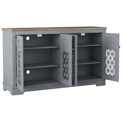 Vintage Gray Wood Buffet Sideboard with Glass Doors and Adjustable Shelves