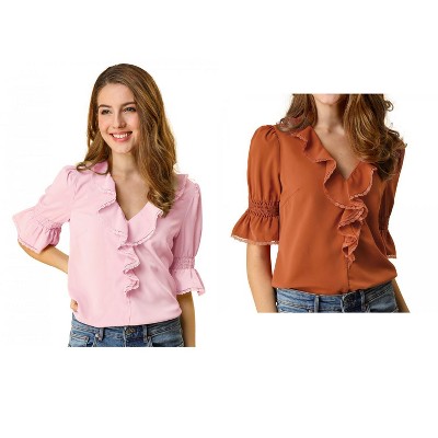 Allegra K Women's Ruffle V Neck Puff Sleeve Summer Casual Chiffon Peasant Top 2 Packs