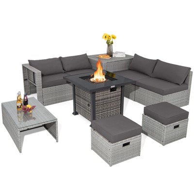 Tangkula 9 Pieces Outdoor Patio Furniture Set w/ 32" Propane Fire Pit Table Sectional Sofa Set w/ Storage Box Black/Gray/Navy/Red/Turquoise/Off White