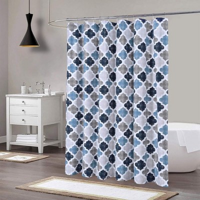 Geometric Quatrefoil Patterned Poly-Cotton Bathroom Shower Curtain