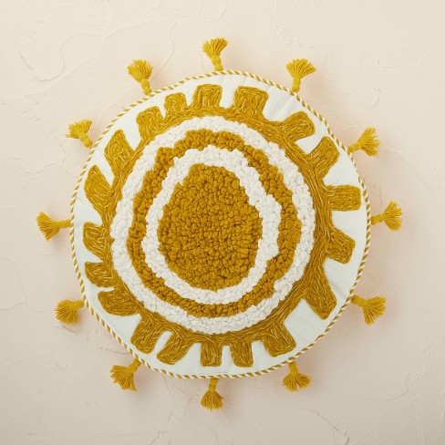 Tufted And Embroidered Medallion Round, Round Yellow Pillow Target