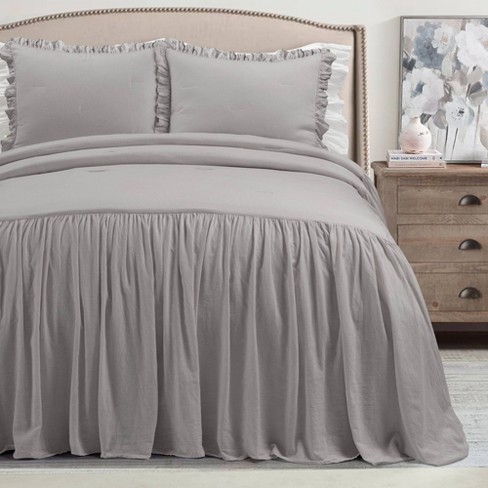 3pc Full/Queen Belgian Flax Prewashed Linen Rich Cotton Blend Bedspread Set  Gray - Lush Décor