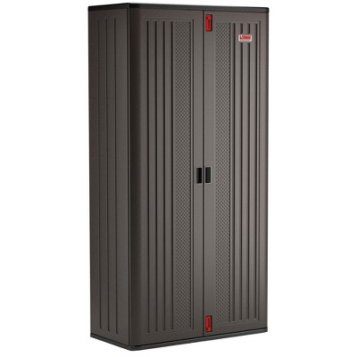 Suncast Commercial 4 Shelf Mega Tall Storage Cabinet, Lockable Garage Utility Shelving Unit, Heavy Duty Plastic Resin Organizer, Gray