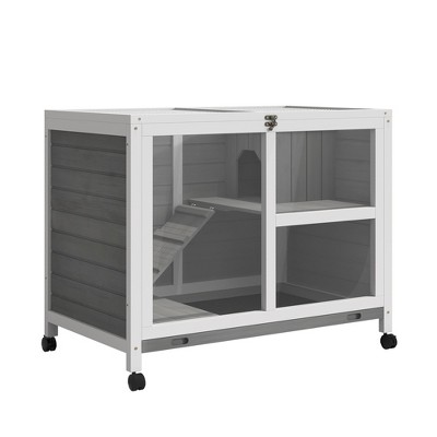 Gsluuk PawHut Indoor Rabbit Hutch with Wheels, Desk and Side Table Sized, Wood Rabbit Cage, Waterproof Small Rabbit Cage, Gray