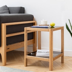 MAYEERTY Natural Oak Wood End Table with Tempered Glass for Living Room, Dinning Room, Bedroom - 1 of 4