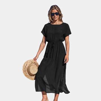 Women's Black Short Sleeve Cover-Up Maxi Dress - Cupshe