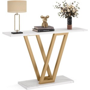Gulches Industrial Vintage 43" Console Table, Entryway Hallway Table with V Metal Legs, Faux Marble White & Gold - 1 of 4