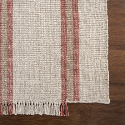 Ivory and Red Striped Handmade Wool Area Rug, 5' x 8'