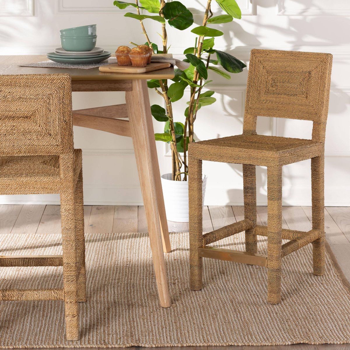 bali & pari Anfield Natural Seagrass and Mahogany Wood Counter Height Barstool: 30 Day Limited Warranty, No Assembly Required - thumbnail 3
