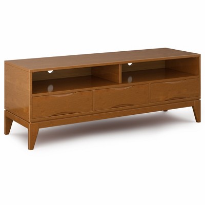 60" Solid Rubberwood Hardwood Mid Century Modern TV Media Stand with Cord Management, Three Large Drawers and Two Open Compartments for Living Room