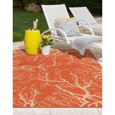 Terracotta and Beige Abstract Outdoor Synthetic Area Rug, 5' x 8'