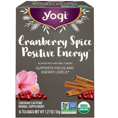Yogi Tea Cranberry Spice Positive Energy - Organic Puerh Tea - Supports Focus & Energy - Caffeinated - 16 Tea Bags Per Pack (4 Packs)
