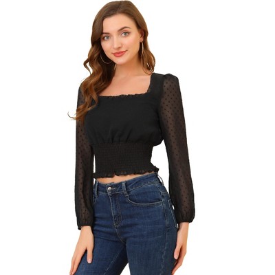 INSPIRE CHIC Women's Ruffle Neck Swiss Dots Semi-sheer Cropped Blouses