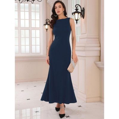 Женские платья INSPIRE CHIC Women's Cocktail Boat Neck Sleeveless Elegant Fishtail Maxi Dress X-Large Dark Blue — фото 3