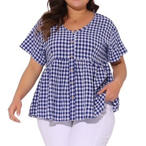 Agnes Orinda Women's Plus Size Gingham 1950s V-Neck Peplum Babydoll Tops with Button Detail - 1 of 4