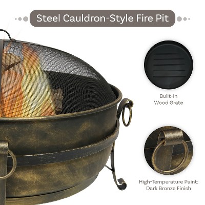 34-Inch Dark Bronze Steel Cauldron Style Fire Pit with Spark Screen