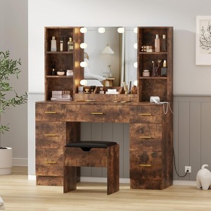 56" Modern Vanity Set with LED Lighted Mirror, Farmhouse Makeup Vanity with Power Outlet & Storage Shelves,Bedroom Dressing Table for Women & Girls - 1 of 4