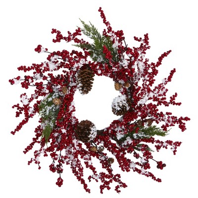 Nearly Natural 24” Frosted Cypress Artificial Wreath with Berries and Pine Cones