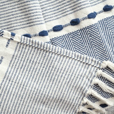 Navy and White Herringbone Stripe Cotton Throw with Tassels