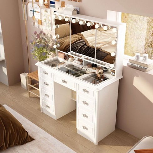 Famapy White 43.3"W 3 Mirrored Vanity Table With Lights and Storage Drawers - image 1 of 4