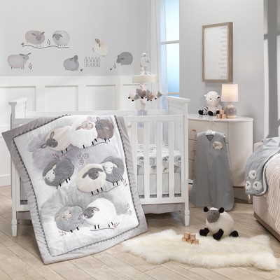 Lambs & Ivy Sleepy Sheep 5-Piece Gray/White Watercolor Baby Crib Bedding Set