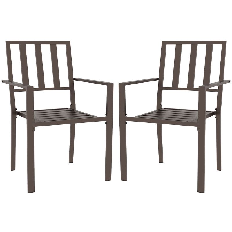 Outsunny Slatted Design Patio Dining Chairs, Set of 2 Stackable Garden Chairs, Dark Brown, 1 of 7