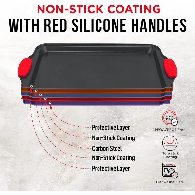 BAKKEN Nonstick Carbon Steel Bakeware Set with Red Silicone Handles, 18 Pieces