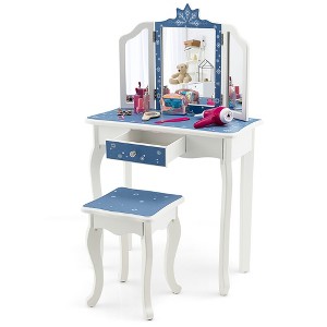 Costway 2 in 1  Kids Vanity Table and Chair Set with Drawer &Detachable Tri-Folding Mirror and Stool for Toddlers & Kids Pink/Blue - 1 of 4