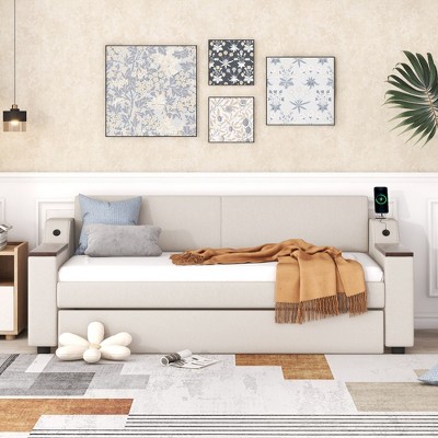 NicBex Twin Size Upholstered Daybed, Modern Wooden Bed Frame with 2 Storage Drawers and Backrest for Living Room