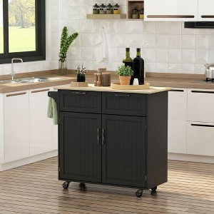 Resenkos 41" Modern Rolling Kitchen Island on Wheels, Utility Cart Storage Trolley with Rubberwood Top & Drawers, - 1 of 4
