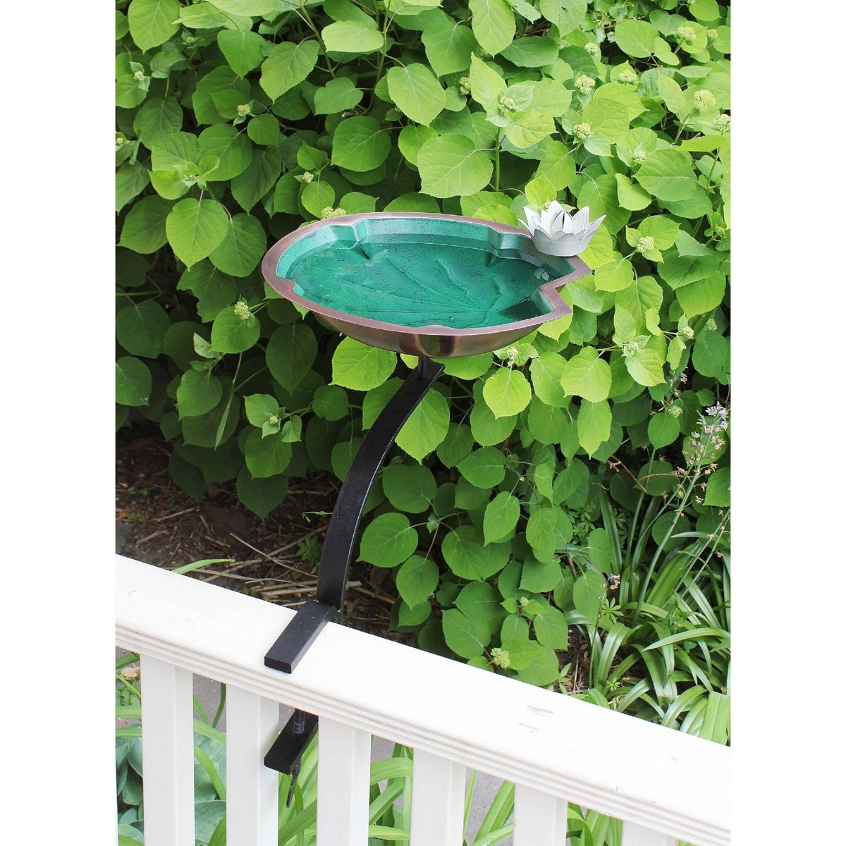 Achla Designs 14.75" Rail-Mounted Lilypad Birdbath: Antique Patina Finish, Steel Construction, No-Drill Bracket - thumbnail 3