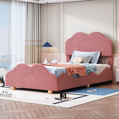 CAVINAS Twin Bed Frame with Cloud Shaped Headboard, Upholstered Platform Bed, Easy Installation, Dark Pink