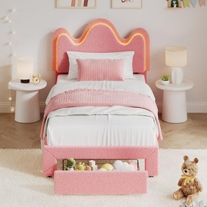Full Platform Bed for Kids, Adjustable Boucle Headboard, Storage Drawer, Lamb Fleece Upholstery, Wooden Slats, No Box Spring, Pink - 1 of 4