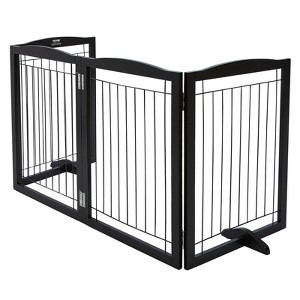 VEVOR Free Standing Dog Gate, 32" H x 96.5" W Freestanding Pet Gate, 4 Panels Foldable Dog Gate,Expandable Dog Barrier with Silent Foot Support ,Brown - 1 of 4