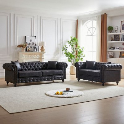 CAVINAS Loveseat Sofa with Button Design and Cushions for Bedroom, Chesterfield Sofa with Rolled Arms, Tech Fabric Vintage Couches for Living Room