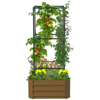 Outsunny Raised Garden Bed, 24" x 24" x 11.75" Galvanized Planter Box w/ Tomato Cage, Open Bottom for Climbing Vines