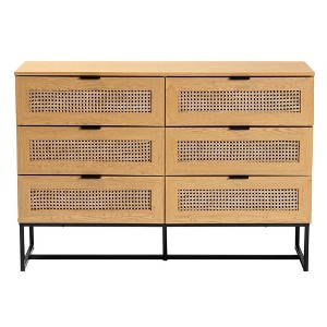 Sawyer Wood and Metal 6 Drawer Storage Cabinet with Natural Rattan Oak Brown/Black - Baxton Studio: Mid-Century Credenza - 1 of 4