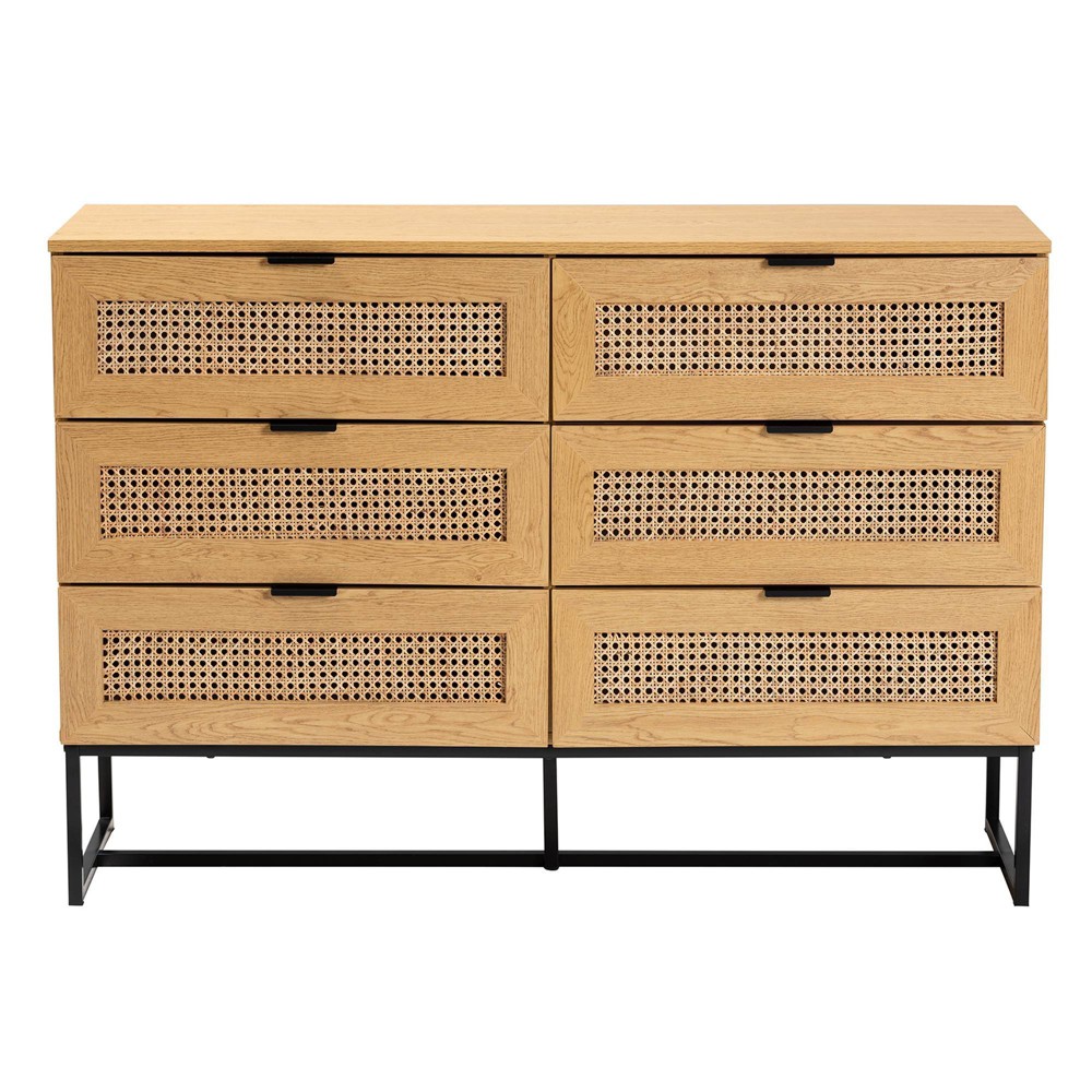 Photos - Dresser / Chests of Drawers Sawyer Wood and Metal 6 Drawer Storage Cabinet with Natural Rattan Oak Bro