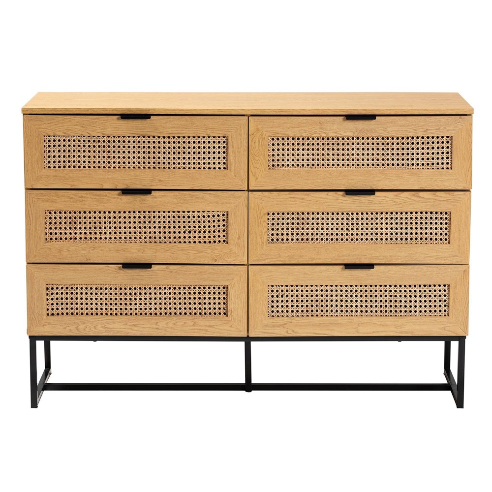 Sawyer Wood and Metal 6 Drawer Storage Cabinet with Natural Rattan Oak Brown/Black - Baxton Studio: Mid-Century Credenza