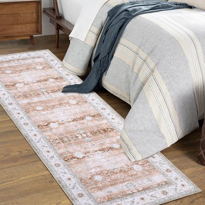Persian Area Rug Floral Distressed Carpet Machine Washable Area Rug, 2' x 6' Pale Brown