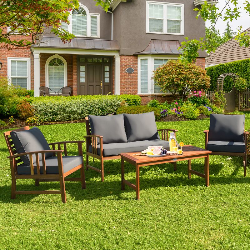 Costway 4PCS Wooden Patio Furniture Set Table Sofa Chair Cushioned Garden NEW, 3 of 11